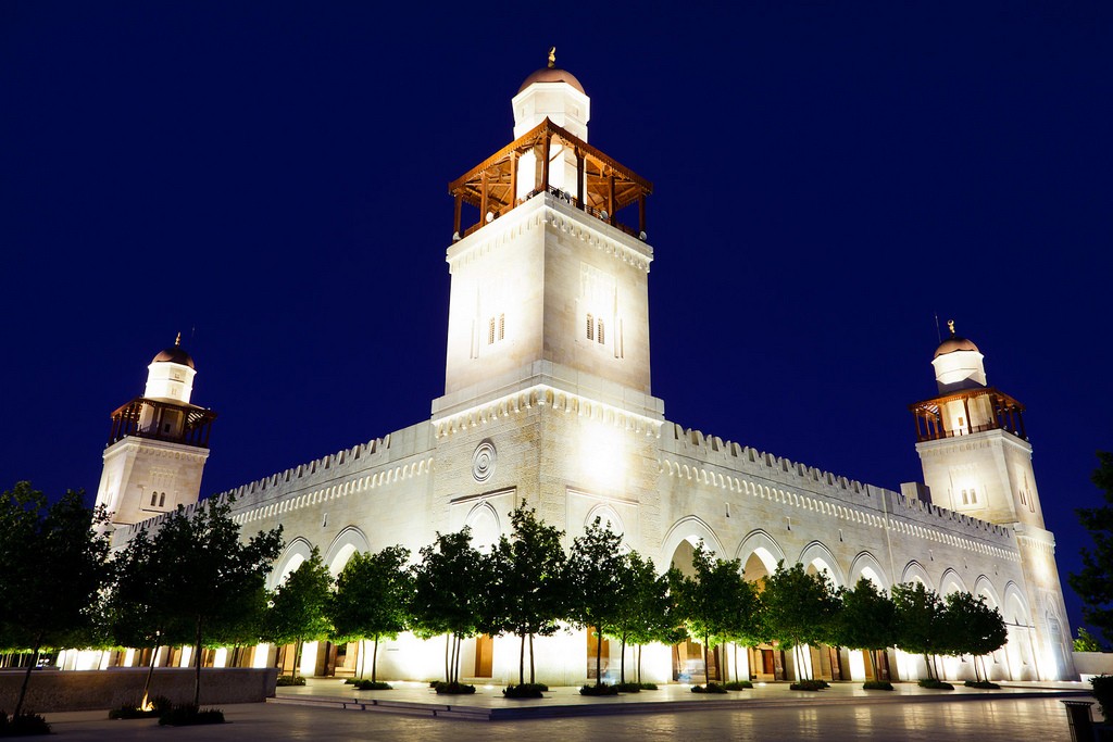 The exterior of the King Hussein Bin Talal Mosque, built to reflect the Umayyad architecture prevalent in many historic sites around Jordan and is both the country’s national mosque and also it’s largest.