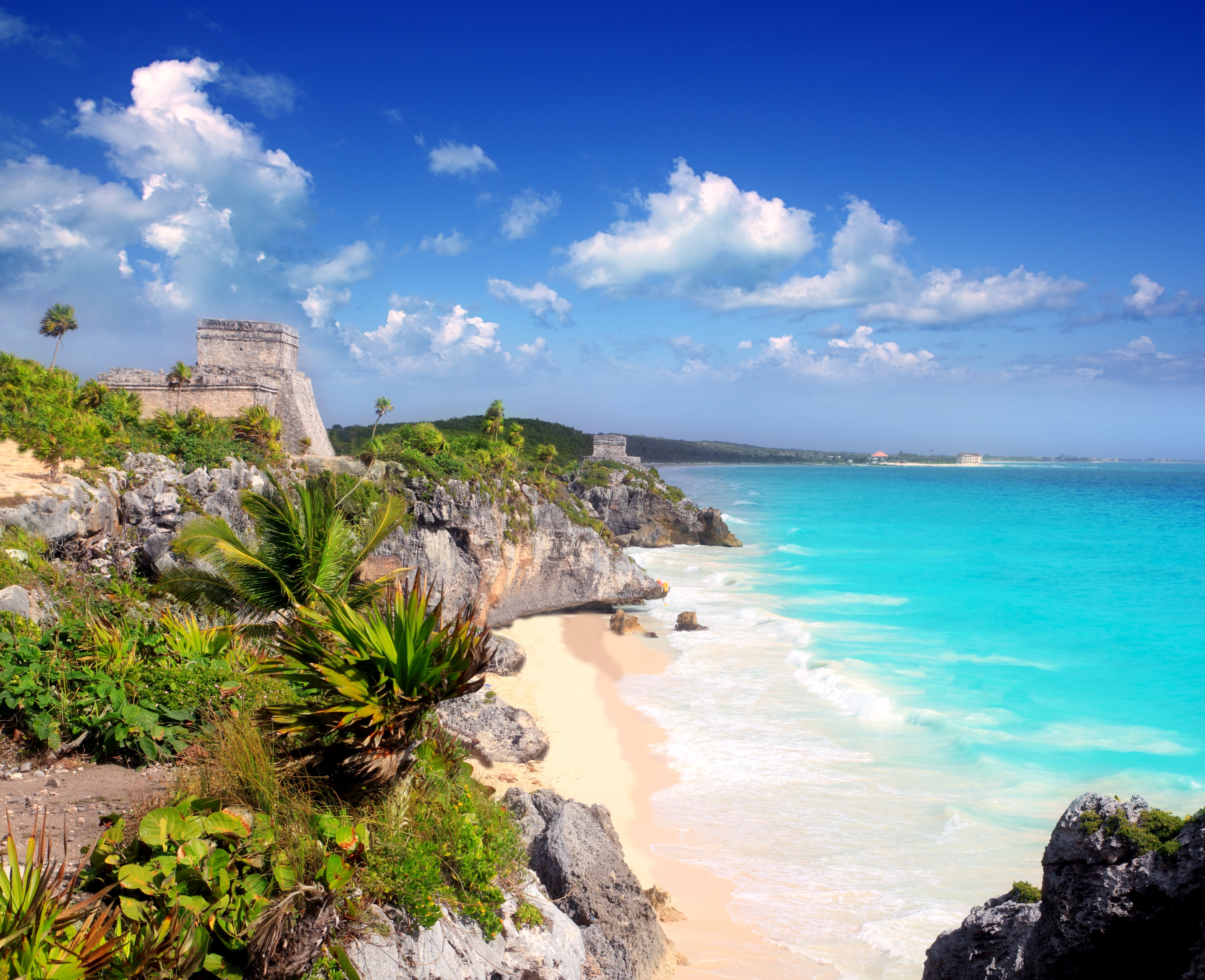 ancient Mayan ruins temple of Tulum in Caribbean turquoise sea shore